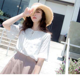 Tie-neck Short-sleeve Plain Lace Top