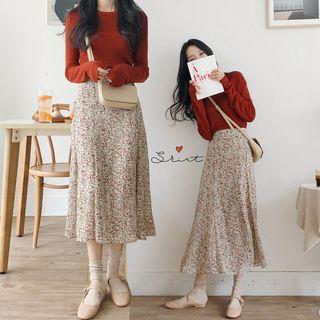 Long-sleeve Knit Top/ Floral Print Midi A-line Skirt