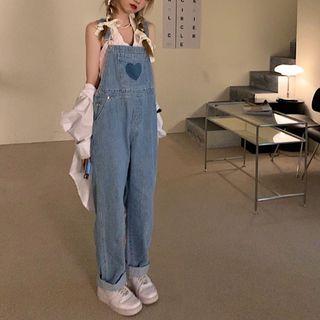 Heart Print Denim Dungaree Pants