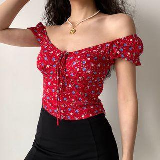 Cropped Off-shoulder Floral Lace-up Top