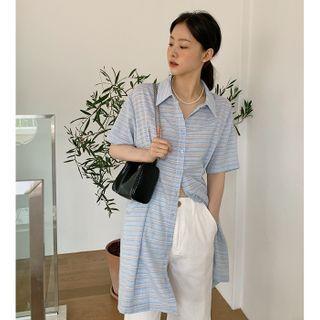 Dart-waist Stripe Shirtdress Light Blue - One Size