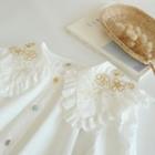 Long-sleeve Wide Collar Floral Embroidered Blouse White - One Size
