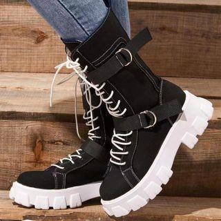 Plain Canvas Lace-up Mid-calf Boots