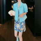 Spaghetti Strap Floral Mini A-line Dress / Short-sleeve Button-up Jacket