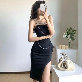 Spaghetti-strap Chain Accent Slit Bodycon Dress