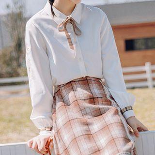Bow-neck Bee Embroidered Long-sleeve Shirt