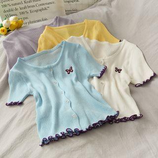 Butterfly-embroidered Button-down Knit Top