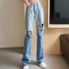Gradient Distressed High-waist Wide-leg Jeans
