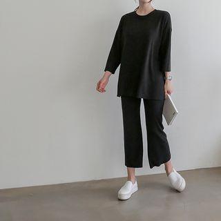 Set: Round-neck Slit-side Top + Band-waist Pants