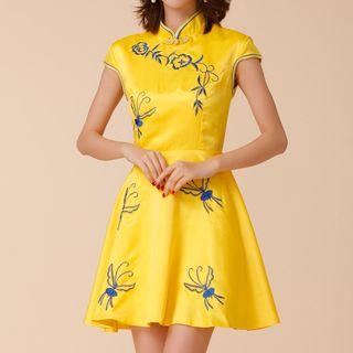 Mandarin Collar Embroidered Cap-sleeve A-line Dress
