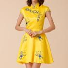 Mandarin Collar Embroidered Cap-sleeve A-line Dress