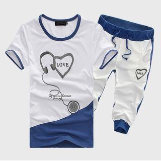 Set: Printed Short-sleeve T-shirt + Cropped Drawstring Sweatpants