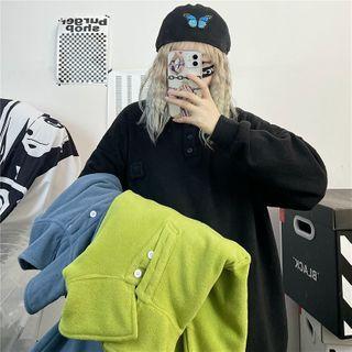 Long-sleeve Half-button Plain Fleece Top