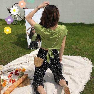 Set: Short-sleeve Crop T-shirt + Dotted Harem Pants