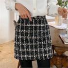 Band-waist Plaid Tweed Miniskirt