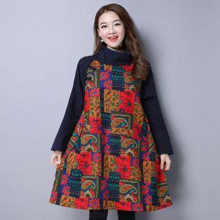 Patterned Mock Neck Long Sleeve Dress