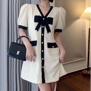 Short-sleeve Two-tone Button-up Mini A-line Dress