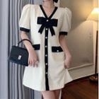 Short-sleeve Two-tone Button-up Mini A-line Dress
