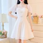 Set: Mesh Puff-sleeve Blouse + Mini A-line Pinafore Dress