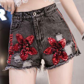 High-waist Embroidered Printed Side-slit Zip Denim Shorts