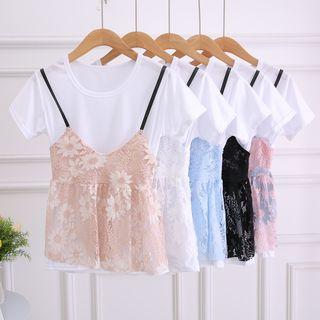 Set: Short-sleeve T-shirt + Spaghetti-strap Lace Top