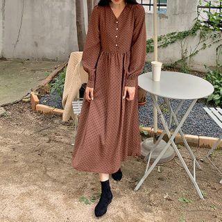 Printed V-neck Midi A-line Dress / Puff-sleeve Cropped Knit Cardigan