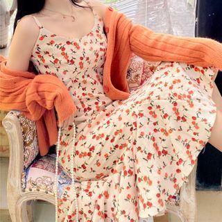 Spaghetti Strap Floral Print Midi Dress / Cardigan