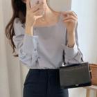 Lantern-sleeve Square Neck Plain Blouse