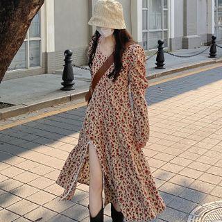 Long-sleeve Square Neck Slit Floral Midi Dress Dress - Red & Beige - One Size