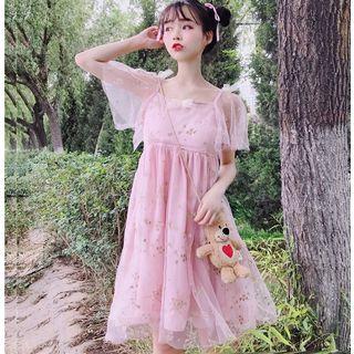 Short-sleeve A-line Mesh Dress / Spaghetti Strap A-line Mesh Dress