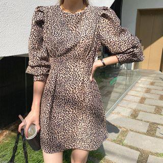 Puff-sleeve Pintuck-waist Leopard Minidress