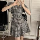 Short-sleeve Plaid Cutout Mini A-line Dress