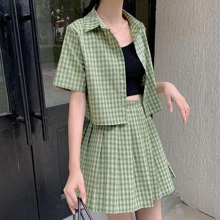 Set: Short-sleeve Plaid Shirt + Pleated A-line Skirt