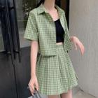 Set: Short-sleeve Plaid Shirt + Pleated A-line Skirt