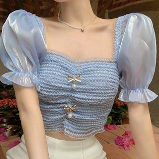 Short-sleeve Lace Cropped Blouse Blue - One Size