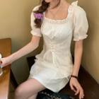 Puff-sleeve Ruffled A-line Dress White - One Size