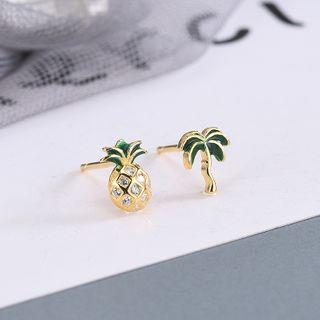 Non-matching 925 Sterling Silver Rhinestone Pineapple & Tree Earring Es933 - 1 Pair - One Size
