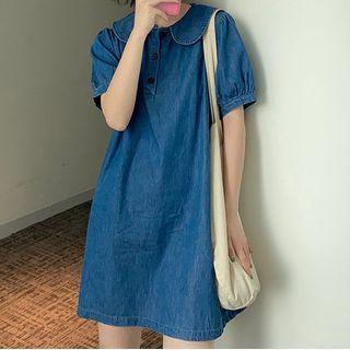 Short-sleeve Denim Mini Collared Dress Blue - One Size