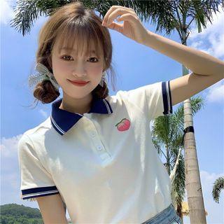 Polo-neck Peach Embroidered Cropped Top
