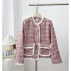 Round Neck Tweed Single-breasted Jacket Pink - One Size