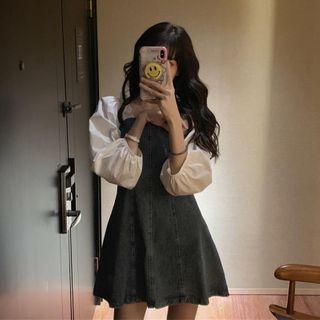 Long-sleeve Panel Denim Mini A-line Dress