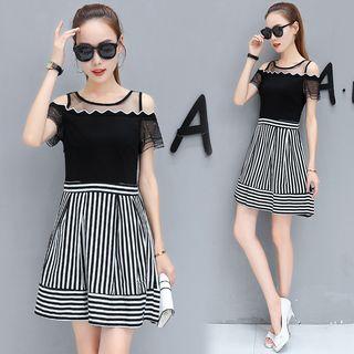 Cutout Shoulder Short Sleeve Striped Panel Dress