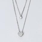925 Sterling Silver Rhinestone Heart Pendant Layered Necklace S925 Silver Necklace - One Size