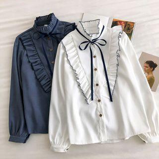 Color-block Trim Ruffled-trim Lace-up Long-sleeve Blouse