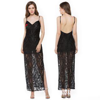 Flower Embroidered Spaghetti Strap Maxi Lace Dress