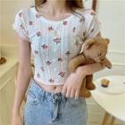 Short-sleeve Floral Printed Crochet Cropped Knit Top