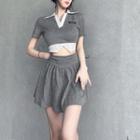 Set: Short-sleeve Open-collar Crop Top + Mini Skirt