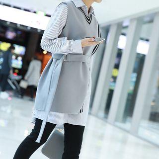Set: Diagonal Belted Knit Vest + Striped Shirt