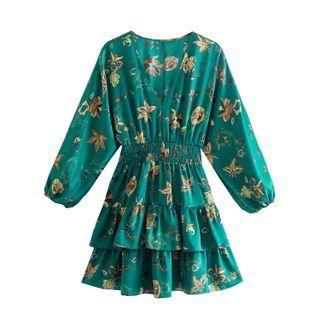 Balloon-sleeve Print Layered Mini A-line Dress