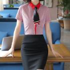 Set: Pencil Skirt / Dress Pants + Short-sleeve Striped Shirt